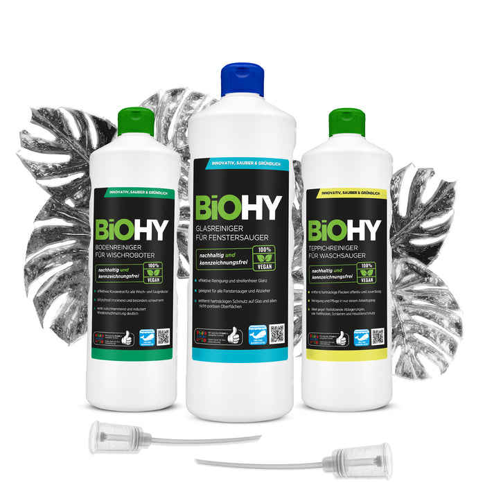 BiOHY high-tech set + accessories, floor cleaner for wiping robots, glass cleaner for window vacuum cleaners, carpet cleaner for vacuum cleaners, dispenser