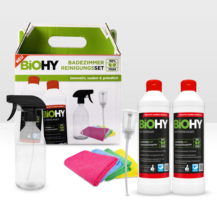 BiOHY bathroom cleaning set, toilet cleaner, sanitary cleaner, glass spray bottle, dispenser, 4-piece microfibre cloth
