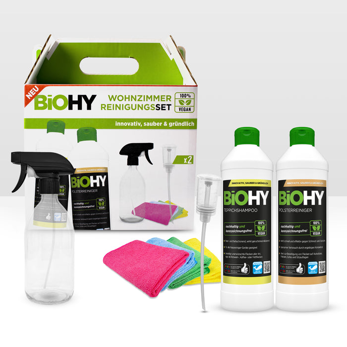 BiOHY living room cleaning set, upholstery cleaner, carpet shampoo, glass spray bottle, 2x dispenser, 4x microfibre cloths